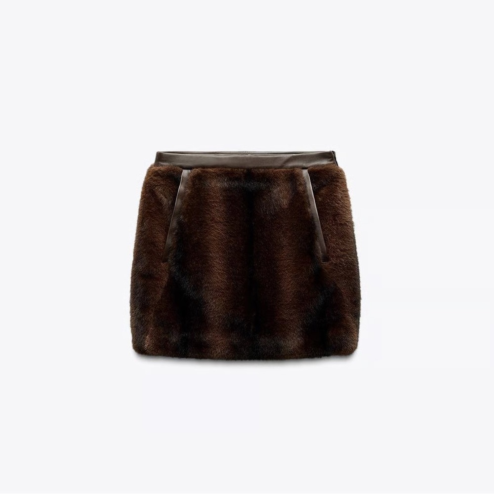 Zara Dark Chocolate Brown Faux Fur Mini Skirt with Leather Trim and Pockets